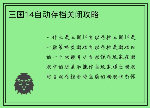 三国14自动存档关闭攻略